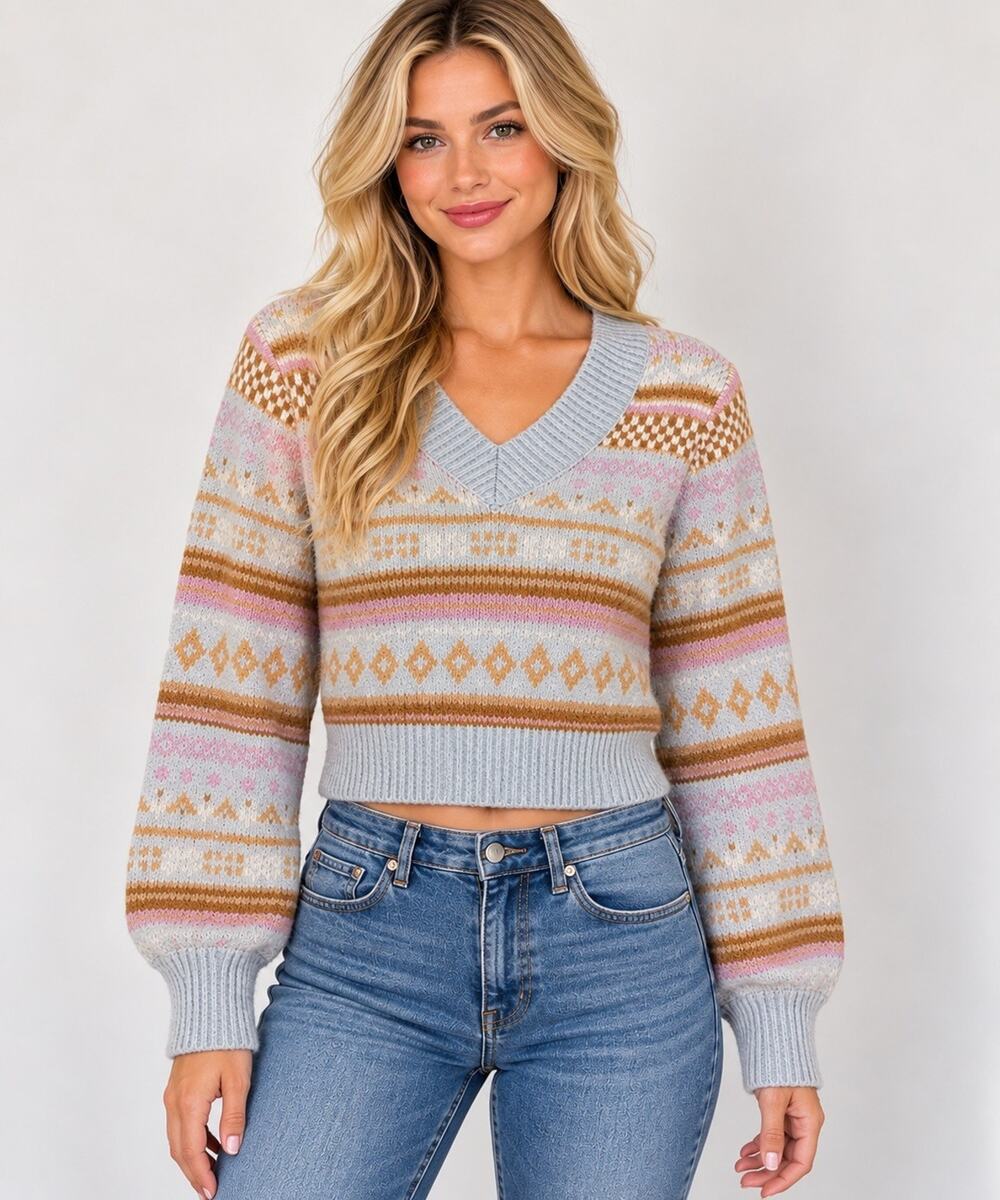 🆕Hippie Rose Sweater Womens XS Gray Fair Isle V-Neck Knit Pullover Long Sleeve